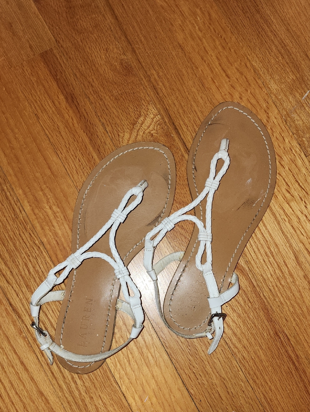 Lauren Ralph Lauren White Leather T-Strap Sandals with Tan Footbed